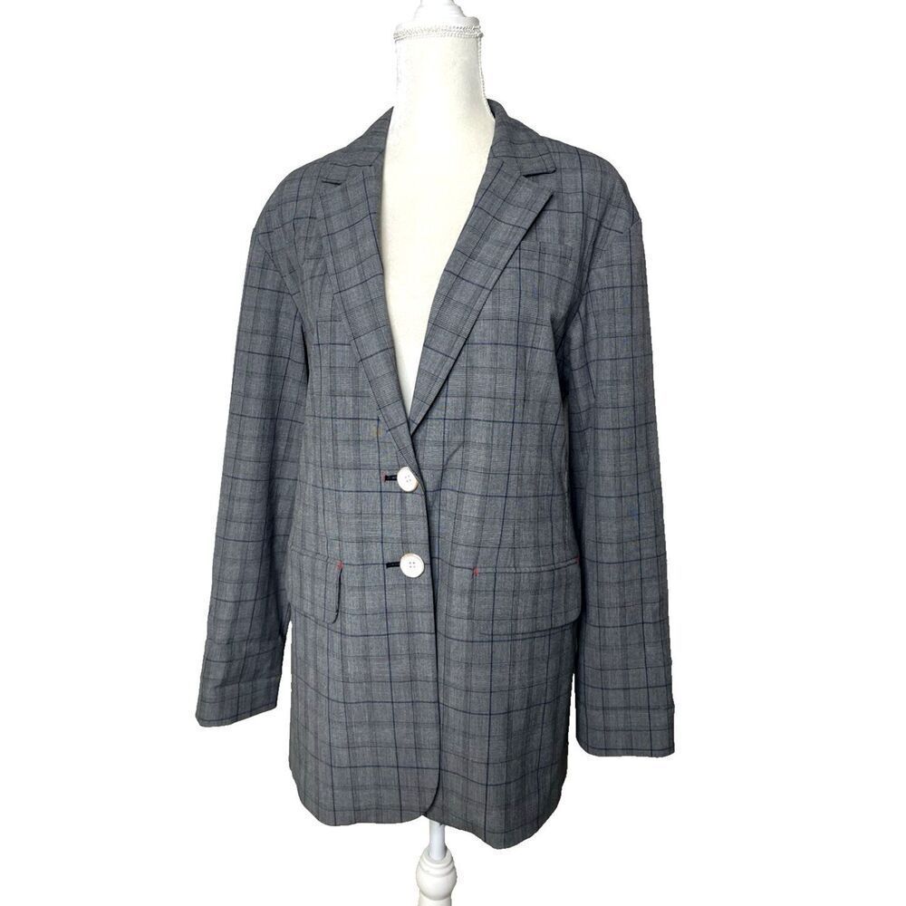 Tibi Size 6 Plaid Blazer Jacket Distressed Buttons Long Coat Womens